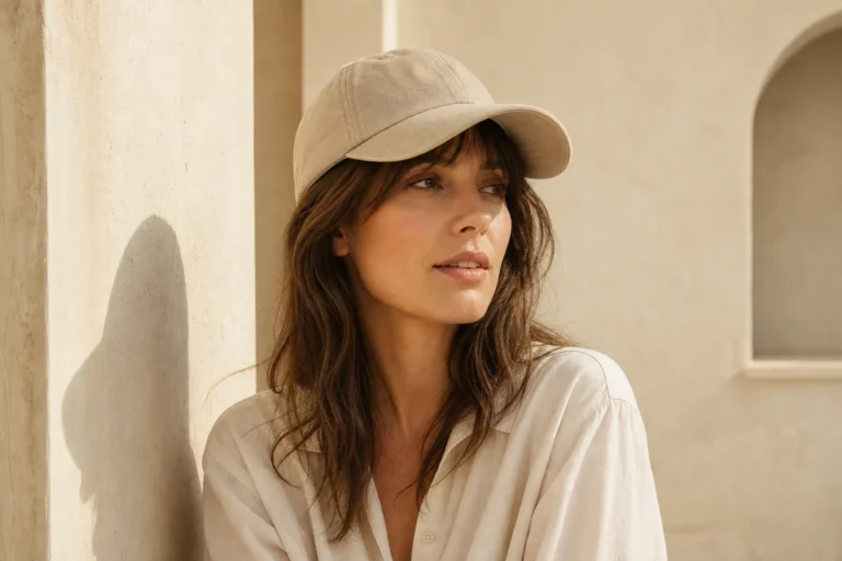 Femme portant une casquette beige adaptée aux proportions de son visage