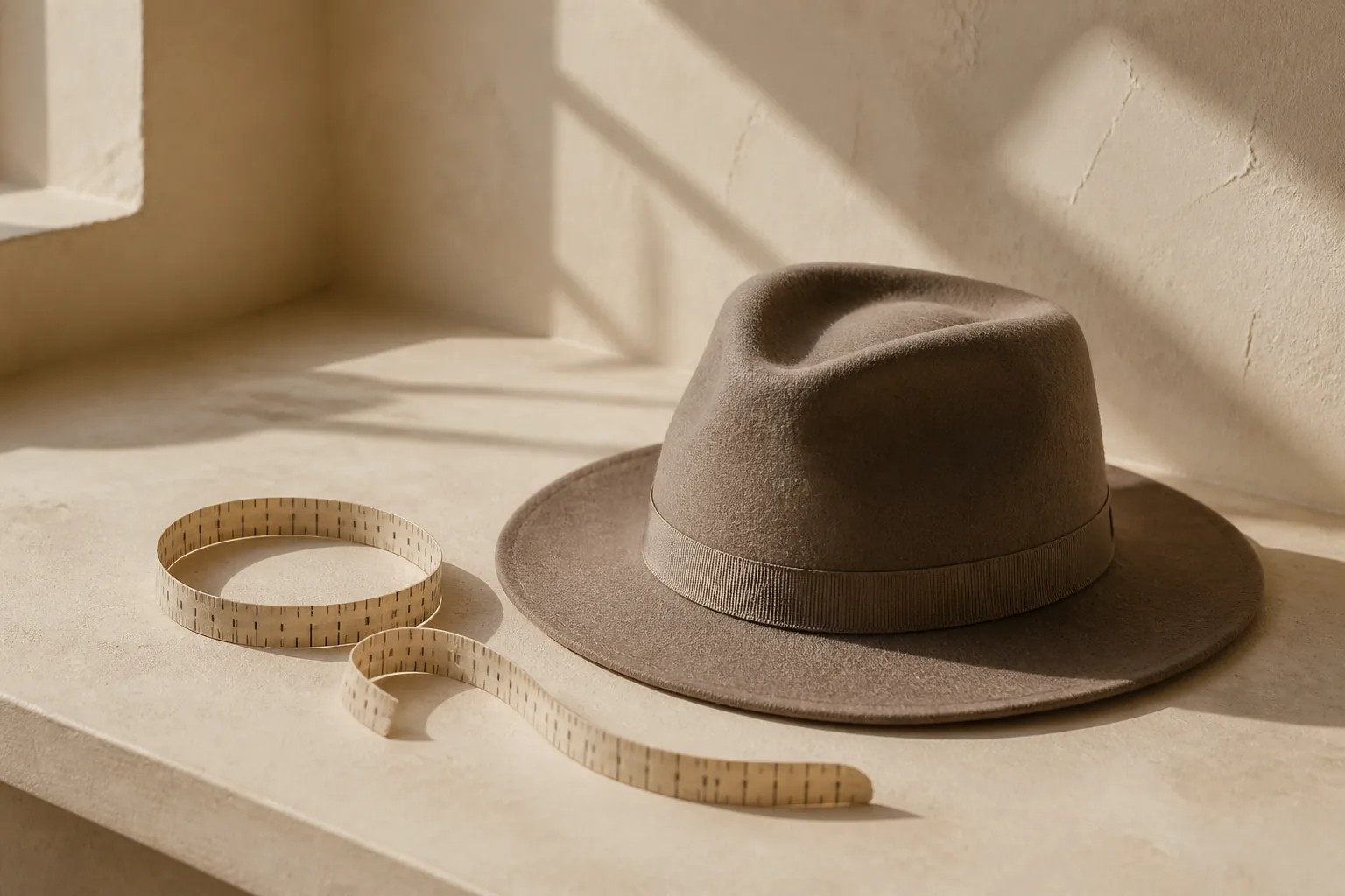 Chapeau en feutre taupe accompagné d’un mètre ruban souple
