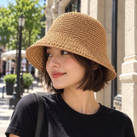 Femme portant un bob crochet femme