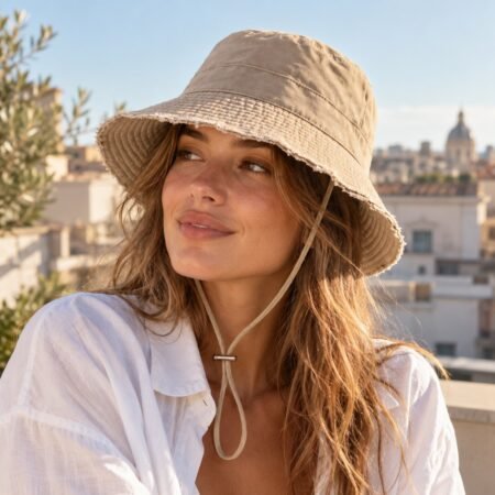 Femme portant un bob vintage à bords effilochés
