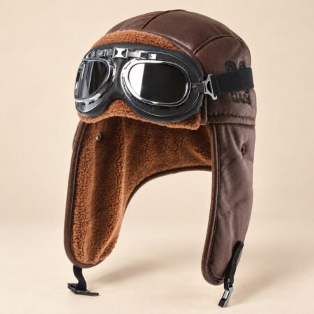 Bonnet aviateur façon chapka marron avec lunettes