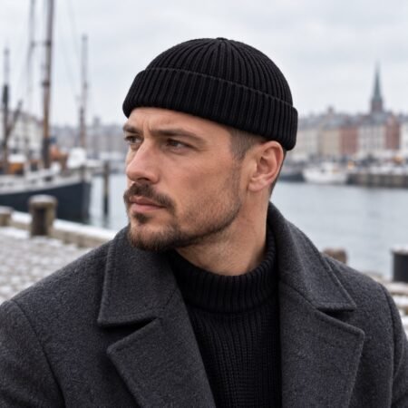 Homme portant un bonnet docker noir sur un quai en hiver