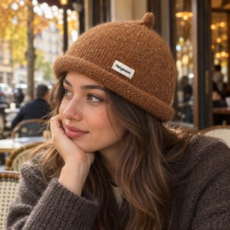 Femme portant un bonnet femme original à bord roulé