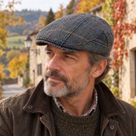 Homme portant un casquette plate en tweed