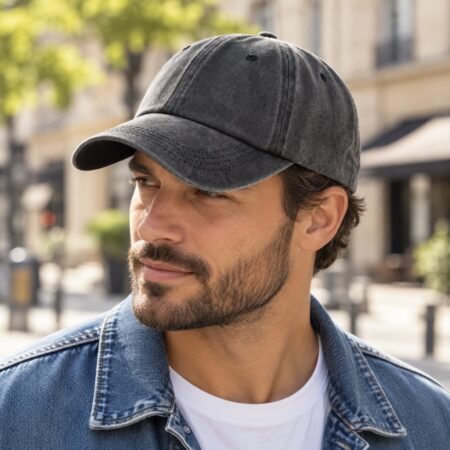 Homme portant un casquette vintage unie en coton délavé